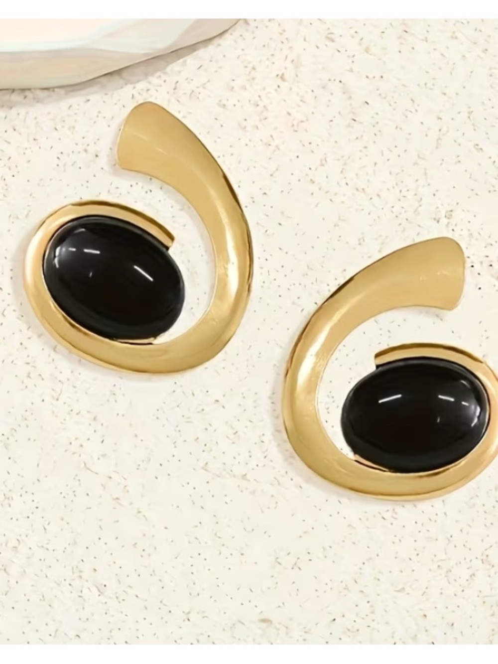 Gold Hoop Earrings with Black Stone Accent